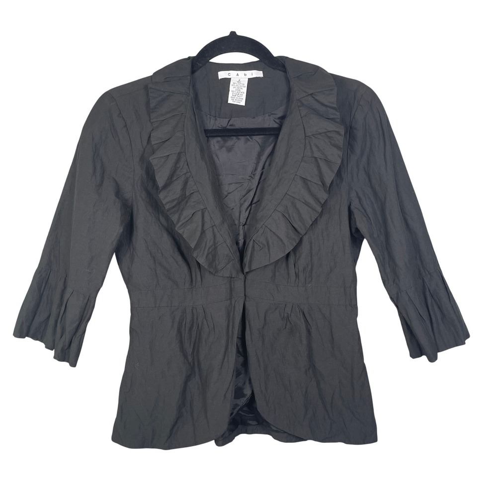 Cabi Ruffle Collar Blazer Womens 2 Black Very Good 3/4 Sleeve Jacket